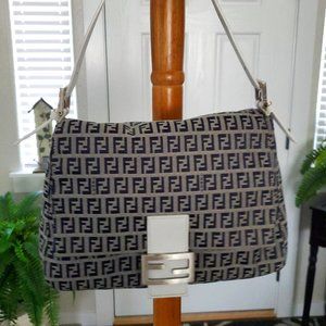 FENDI Zucchino Mamma Baguette Shoulder Hand Bag Purse Canvas and white leather